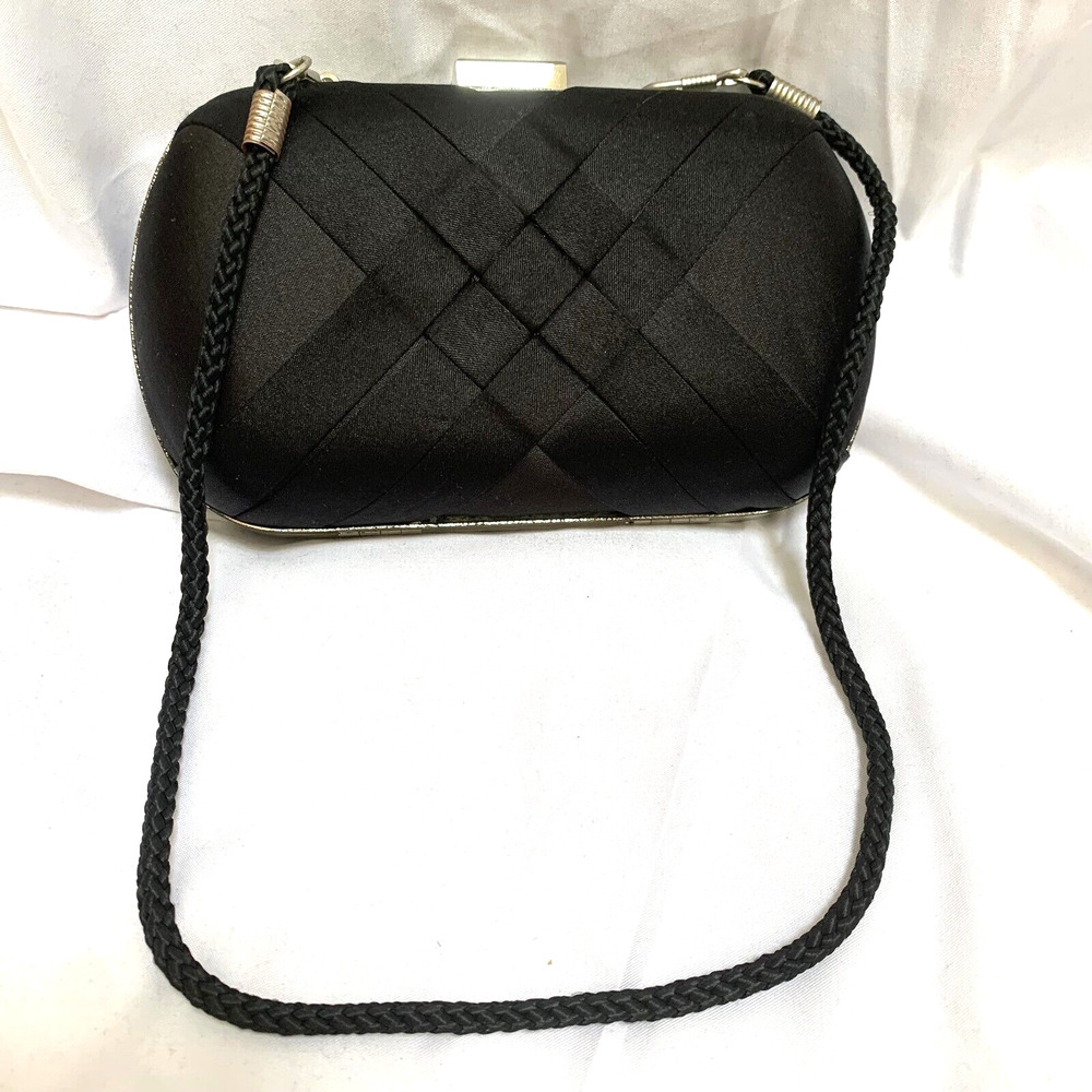 JESSICA MCCLINTOCK Black Satin Woven Minaudiere Clutch Evening Bag Purse